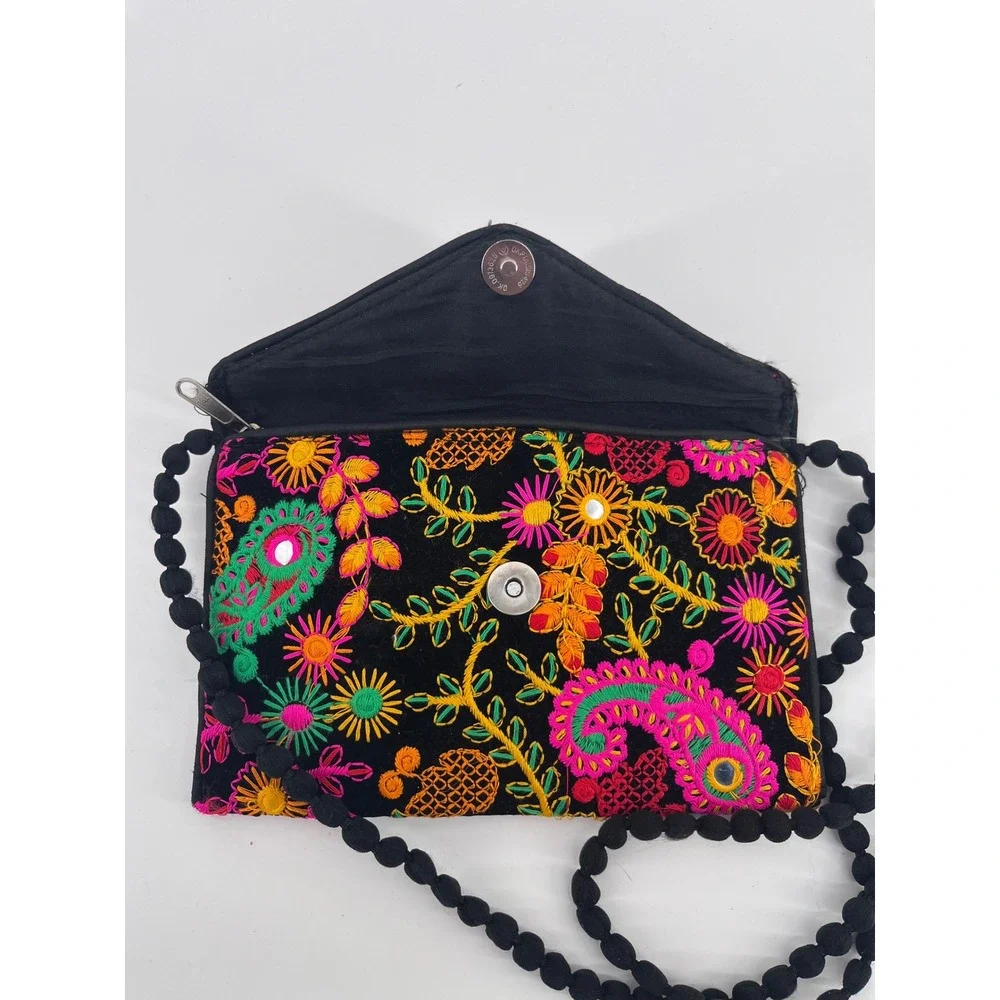 Boho 90's Embroidered Floral Paisley Velvet Clutch Bag with Pom Pom Strap Black
